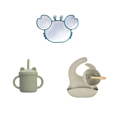 Toddler Silicone Cartoon Dinner Plate & Straw - Divided. Non-Slip Tableware