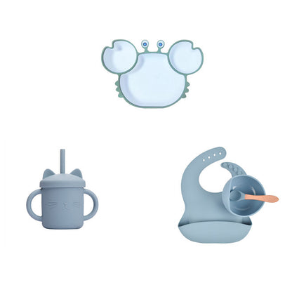 Toddler Silicone Cartoon Dinner Plate & Straw - Divided. Non-Slip Tableware